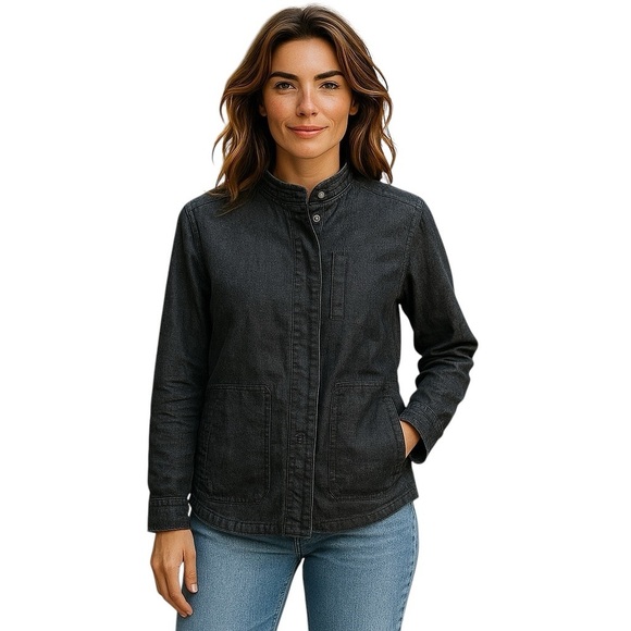 Eileen Fisher Stand Collar Front Zip Black Denim Jacket Petite size MP - Picture 1 of 7
